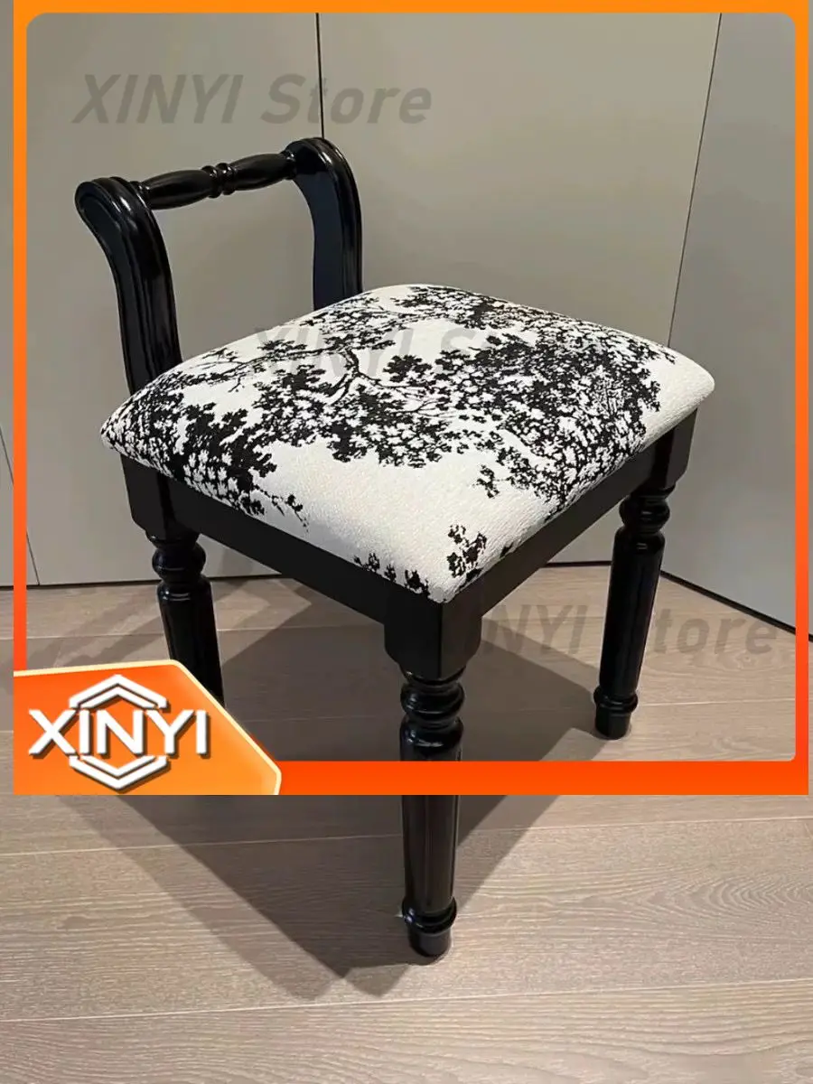 White Wax Wood Dressing Stool for Luxury Furniture Black Retro Backrest French Solid Wood Vanity Chair Seat Puff for Dressing