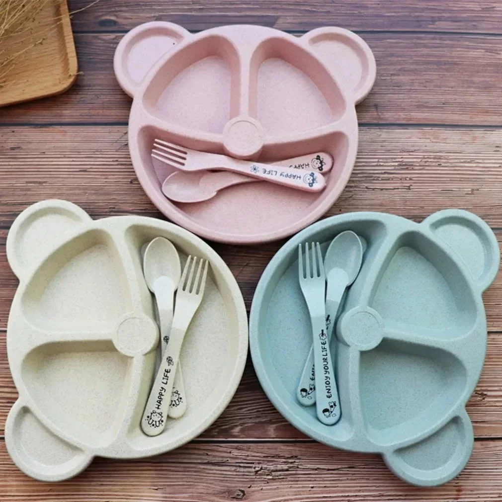 3Pcs/set Wheat Straw Baby Dishes Cartoon Tableware Set Kids Dinner Platos Baby Feeding Plate Training Bowl Spoon Fork Tableware image 3
