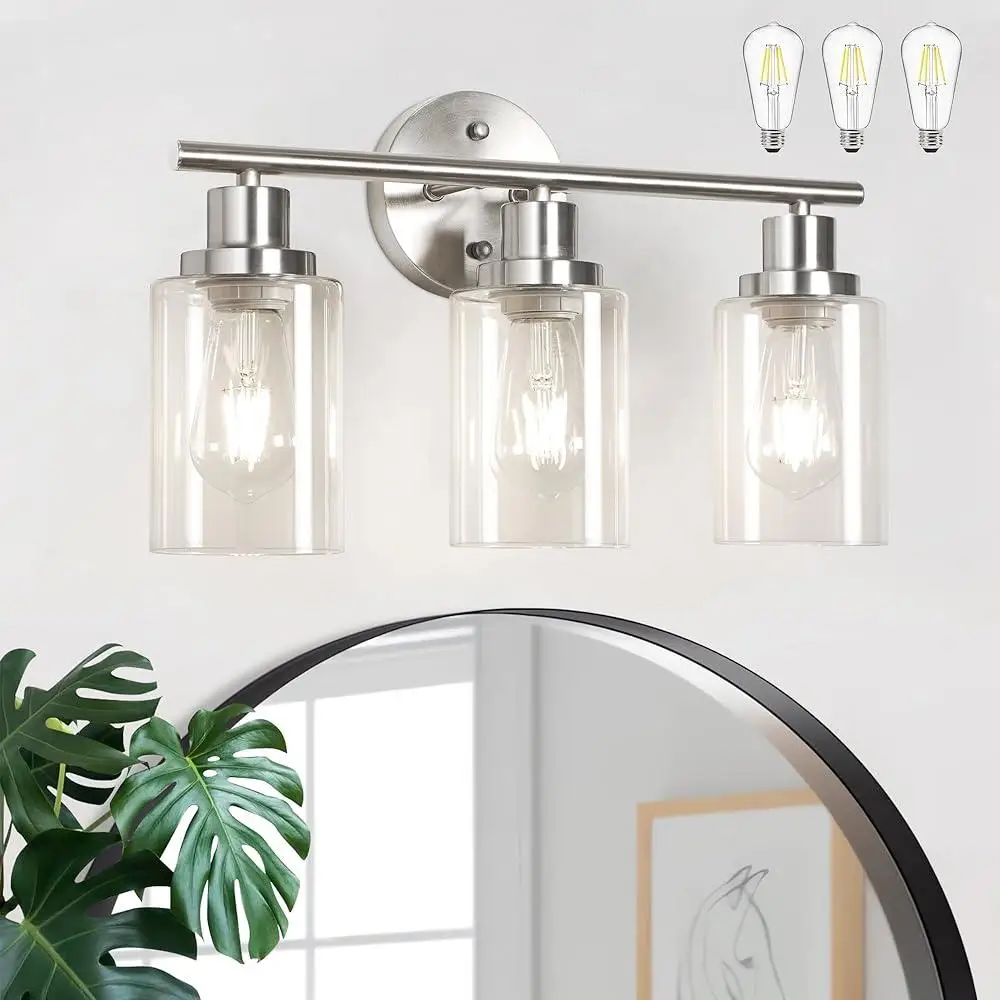 3-Light Bathroom Vanity Light Fixtures with Glass Shade E26 Bulbs Wall Mounted Over Mirror Hardwired Classic Design Energy