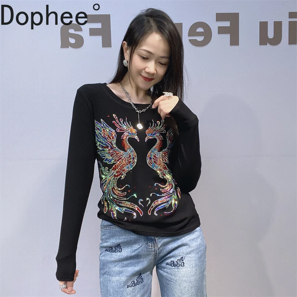 

High Stretch Spring Autumn Long Sleeve Women T-shirt Shiny Diamonds Phoenix Slimming Basic Tees Round Neck Black Pullover Top