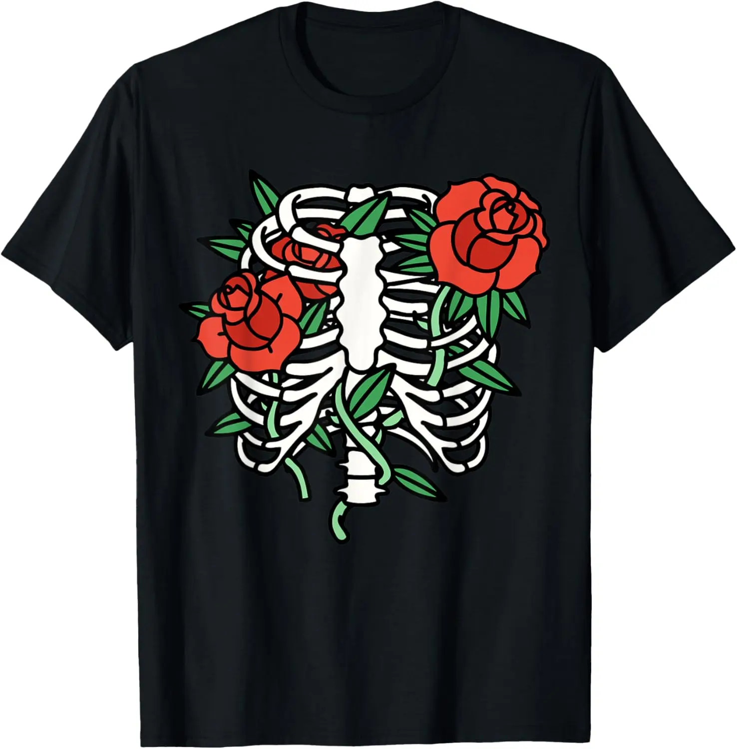 

Pastel Goth Skeleton Rib Cage X-Ray And Red Roses Halloween T-Shirt