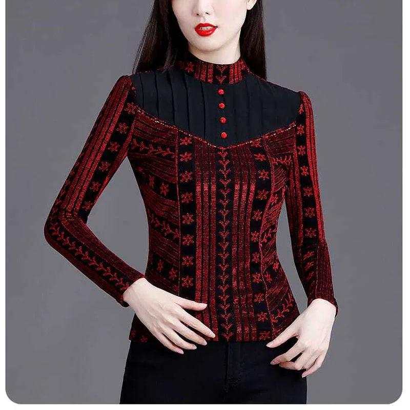 2023 New Autumn and Winter Fashion Comfortable High Neck Mesh Fashionable Long Sleeve Temperament Jacquard Women\'s Slim Fit Top