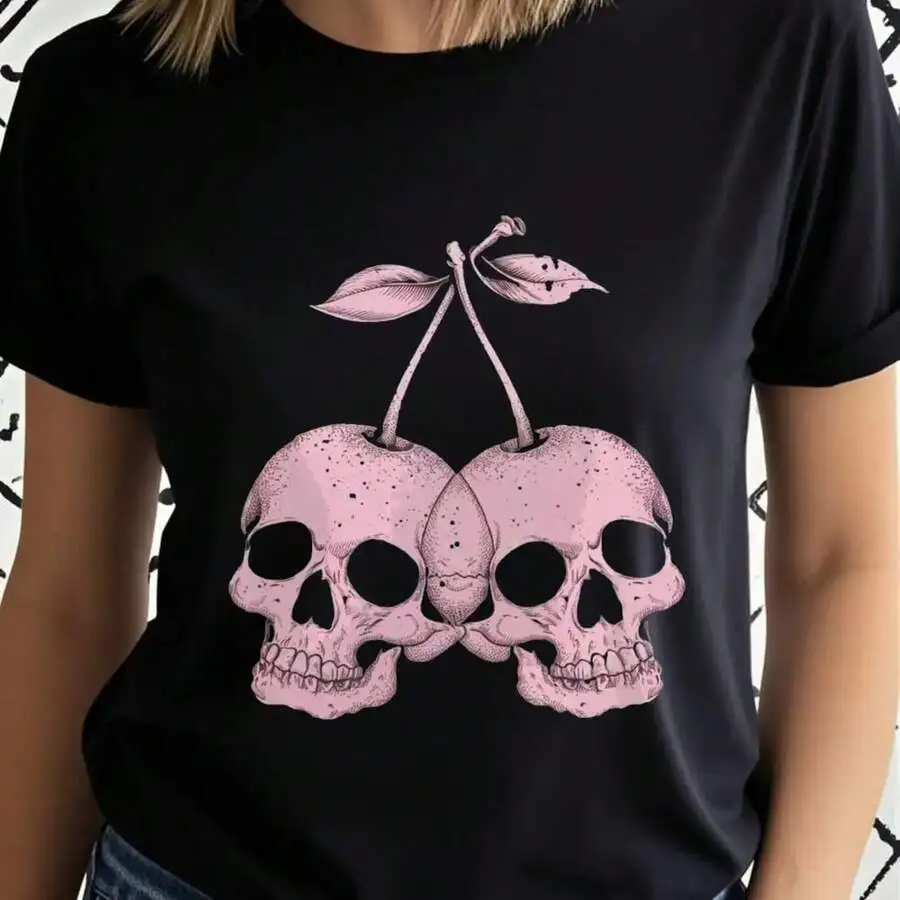 

Womens Gothic Skull And Cherry Blossom Print T-Shirt Black Round Neck Short Sleeve Loose Casual Streetwear Top