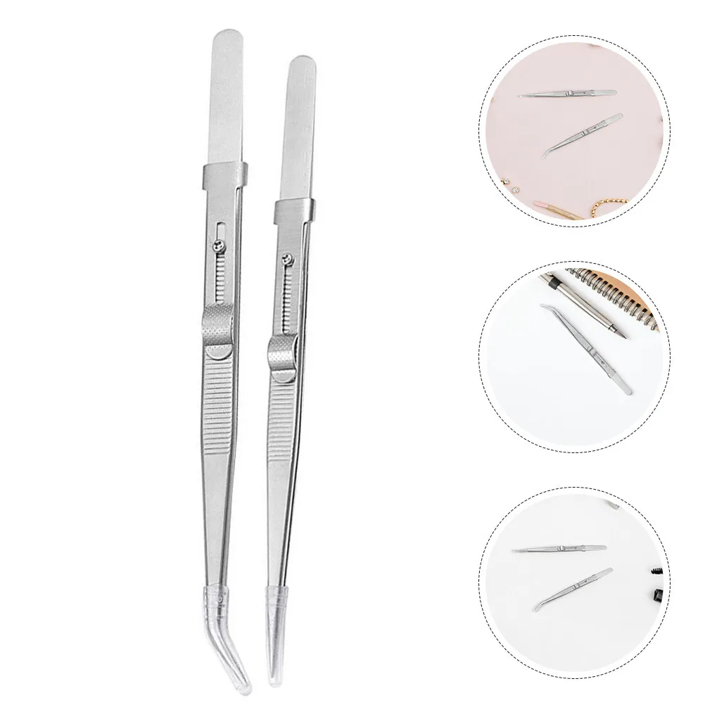 2Pcs Jewelry Diamond Locking Tweezers Stainless Steel Precision Needle Nose Anti-Slip Fine Point for Crafts Nail Art Rhinestones