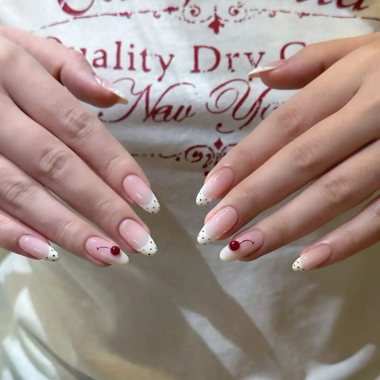 

10pcs Handmade Oval French Press On Nails Polka Dot French Red Cherry Design Sweet Cute Fake Nails Wearable Nails Art Tips Girls