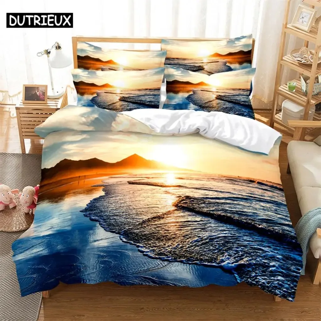 

3D digital printing quilt cover pillowcase double bed set cover quilt Soft Microfiber bedding set Sea