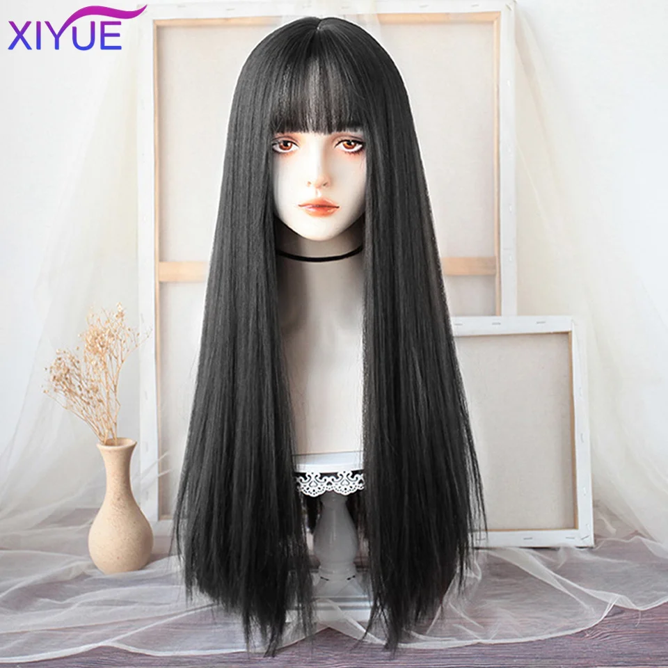 XIYUE Long Straight Black Wig With Bang Synthetic Wigs for Women Heat Resistant Natural Hair for Daily Halloween Cosplay Party