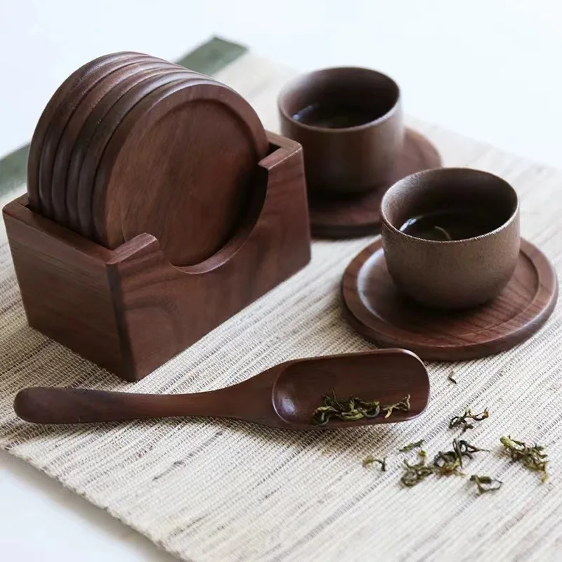 Wooden coaster, round wooden coffee coaster, placemat, heat insulation mat 6 pieces set, the whole set of teacup mats