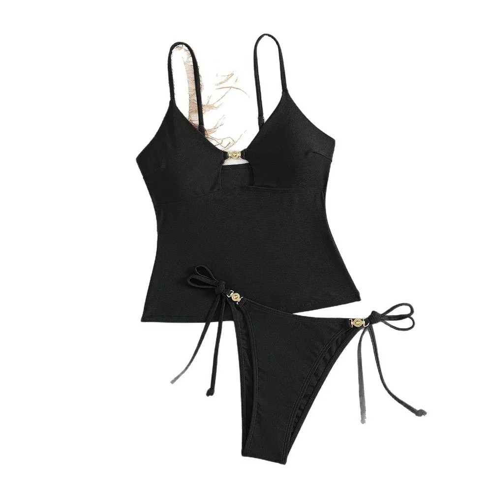 Sexy Solid Color Bikini Set For Women, Push Up Halter Neck Swimwear, Summer Beach Vacation Bathing Suit With Removable Tankini S
