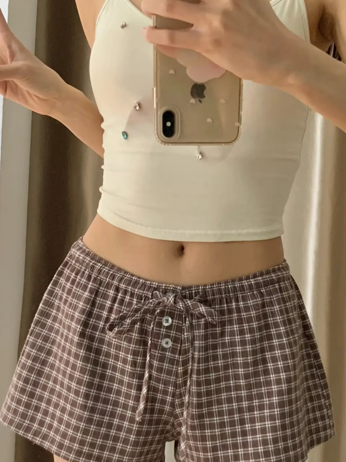 Women's Mid-Low Waist Plaid Shorts Fitness Elastic Waist Casual Pants Summer Loose Fit Base Layer Pants Girls' Fashion