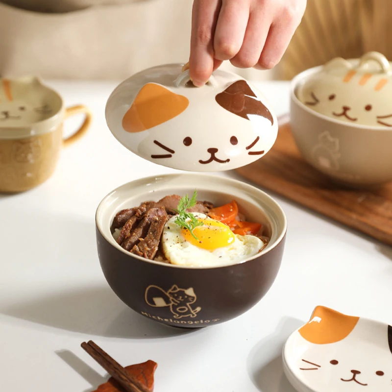 YWDL 550ml Cartoon Cat Ceramic Instant Noodle Bowl With Lid Underglaze Color Soup Salad Bowl Kitchen Office Student Lunch Box