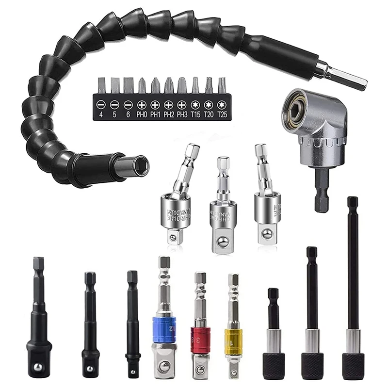 Flexible Drill Bit Extension Set, Impact Socket Adapter Set, 360 Degree Rotatable Socket Adapter, Quick Change Bits