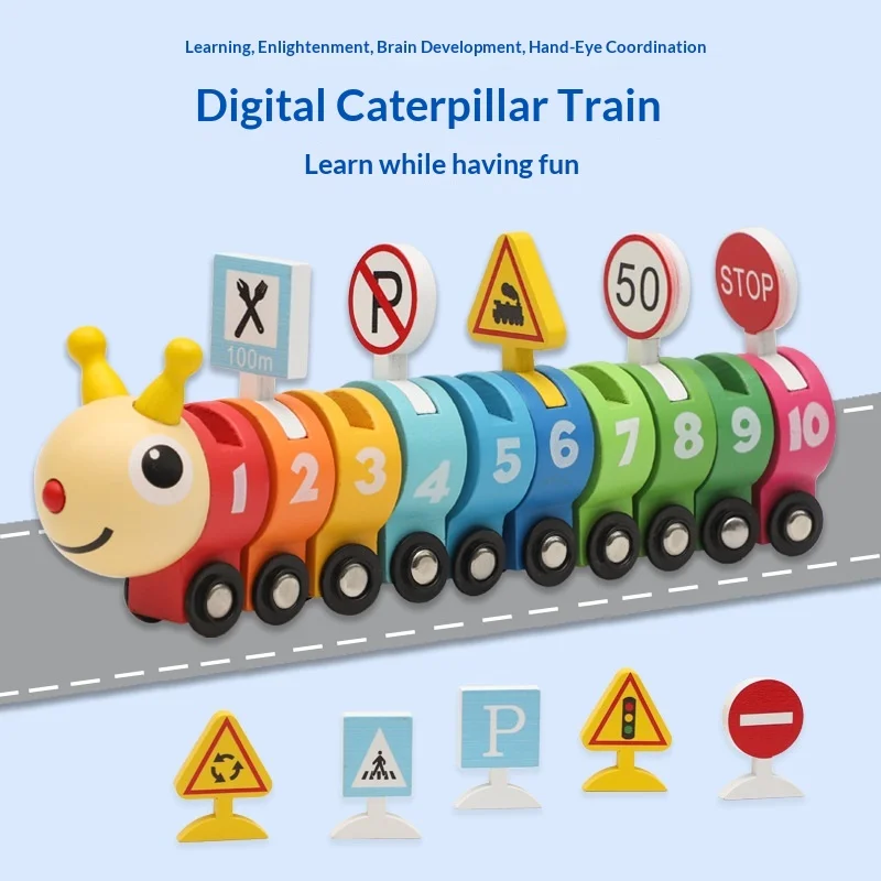 Wooden  Number Train  Linked Educational Toy Traffic Signs For Toddlers Kids Hand  Coordination Early Learning