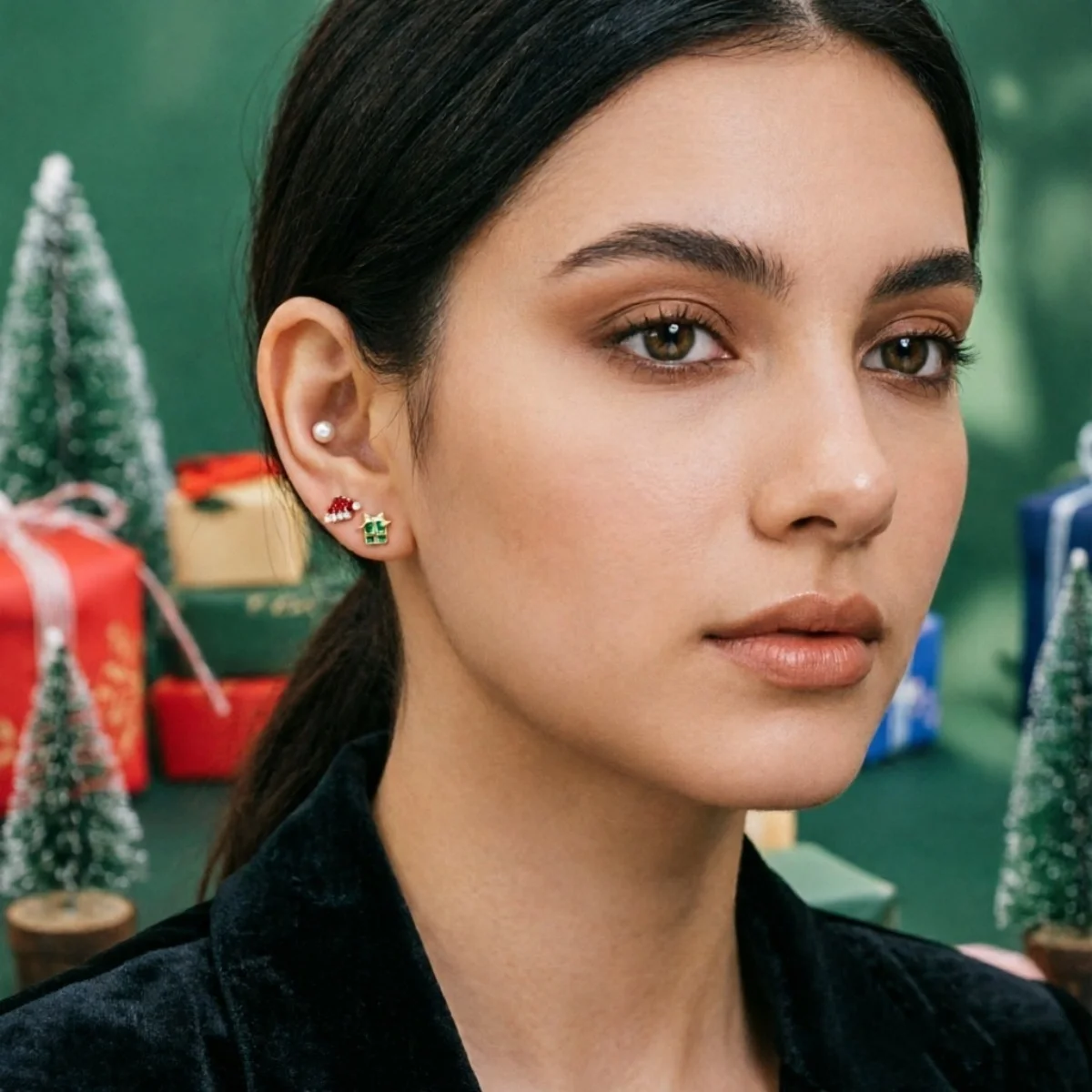 8 Paar/Set Strass-Weihnachtsbaum-Mütze Schneeflocke Elch Kranz Socken Geschenkbox Kleine Ohrstecker für Damen Weihnachten Neujahr Schmuck – Detail 16