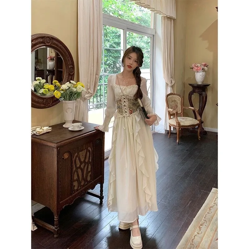 

Medieval Cottagecore Retro Strappy Jacquard Waist Seal Gentle Two-piece Princress Dress Woman Renaissance Vintage Gothic Court