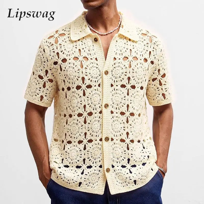 

Vintage Crochet Florals Knit Shirts For Mens Summer Casual Breathable Hollow Out Shirt Men Fashion Short Sleeve Knitted Shirt