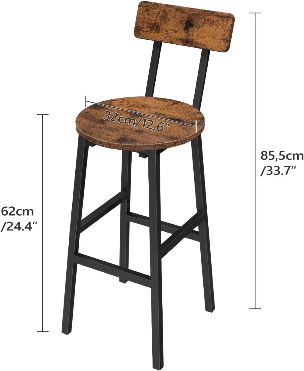 2-Piece Round Bar Stool Set, Encosto com Footstool, Adequado para Sala de Jantar, Cozinha, Rústico Brown Bar Stool, 24,4 em