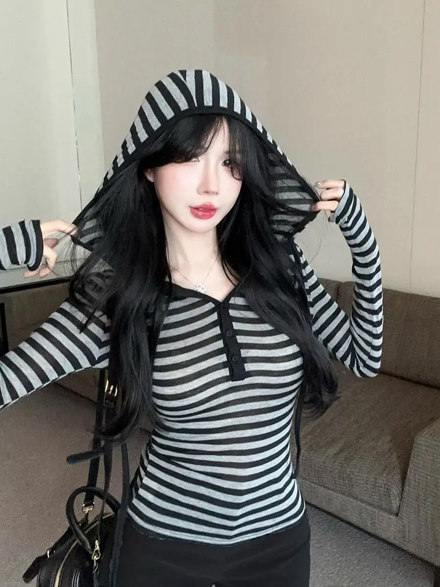 Y2K Gothic Hoodie 90s Korea kpop Pullovers Tops Slim Stripe Long Sleeves Casual Tee shirts Hot Girl Sexy Sweatshirt Sweet Hooded