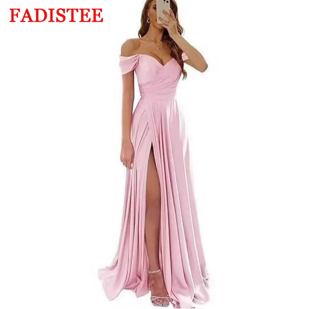 

Customized Evening Dresses Women's Off The Shoulder Bridesmaid Dresses For Wedding Slit Long Pleated Satin Prom Dress A-line