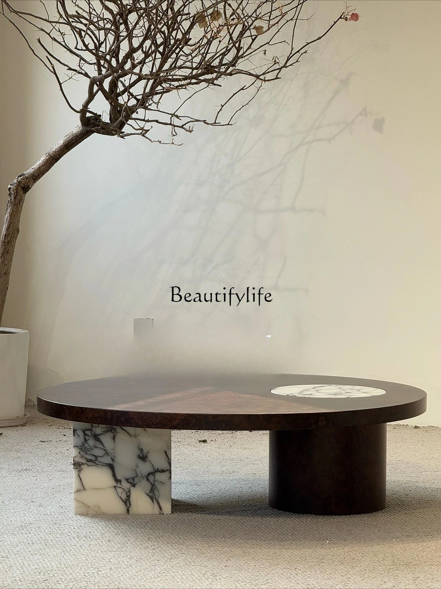 

08Medieval small apartment living room round marble coffee table