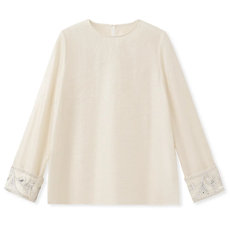 UMI MAO Chinese Style Top Autumn New Nail Bead Embroidered Long Sleeved Top Women's Clothing, Thin New Chinese Style Silk Shirt