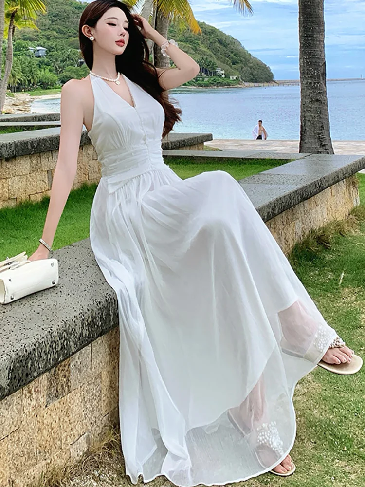 2025 Nowa Biała Elegancka Sukienka Damska z Kokardą na Szyi, Seksowna Długa Sukienka Luksusowa Sukienka z Diamentami Letnia Koreańska Moda Obcisła Sukienka Wieczorowa