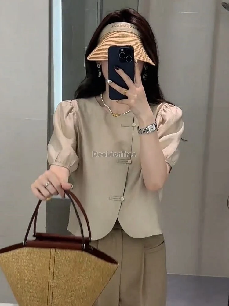 2024 new chinese style vintage tang suit top elegant temperament lady work chiffon blouse sweet puff sleeve slim thin button top