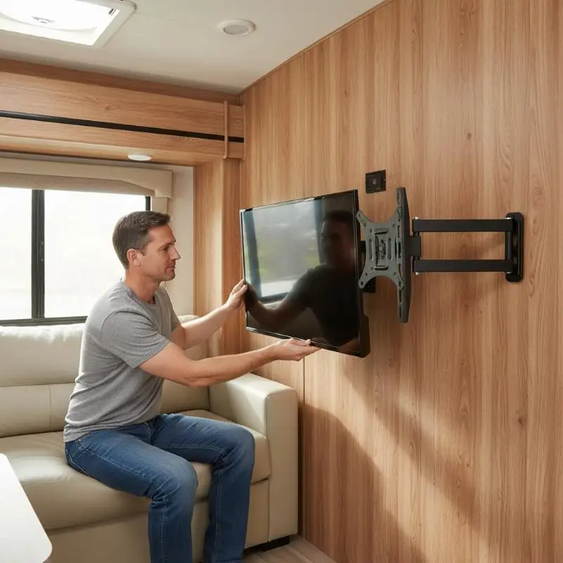 Suporte de TV dobrável para interiores de RV, para monitores de 14-27 polegadas, suporte de teto ajustável para RV, cozinha, sala de jantar, caravana.