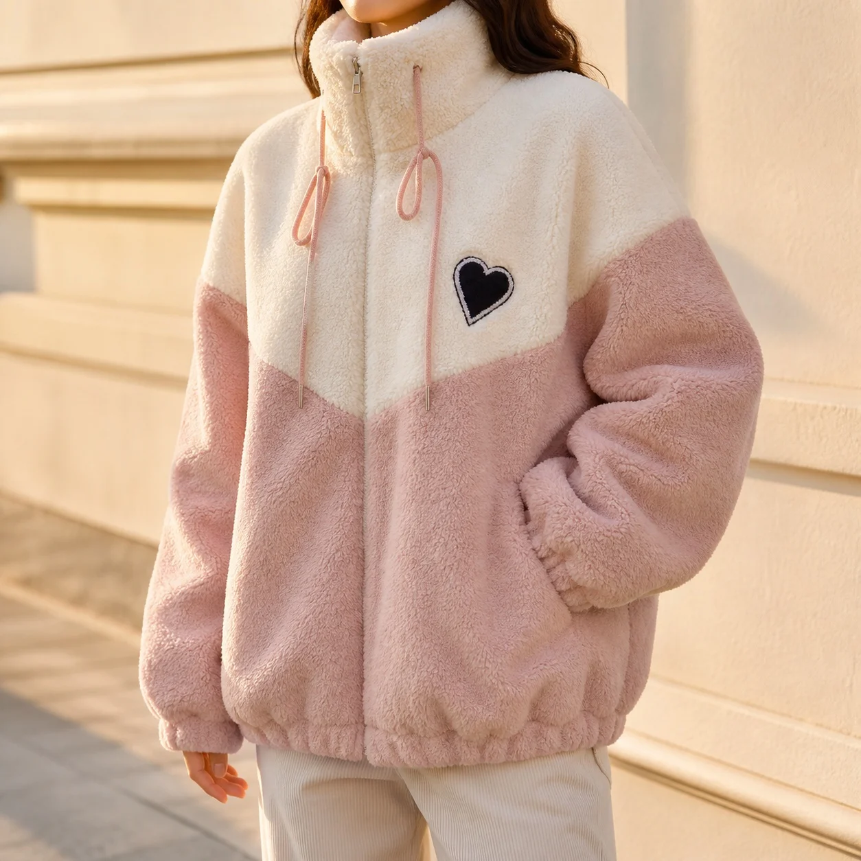 Women's Winter Female Stand Collar Long Sleeve Loose Fit Thick Zipper Jacket with Geometric Pattern Patchwork Sweet Style