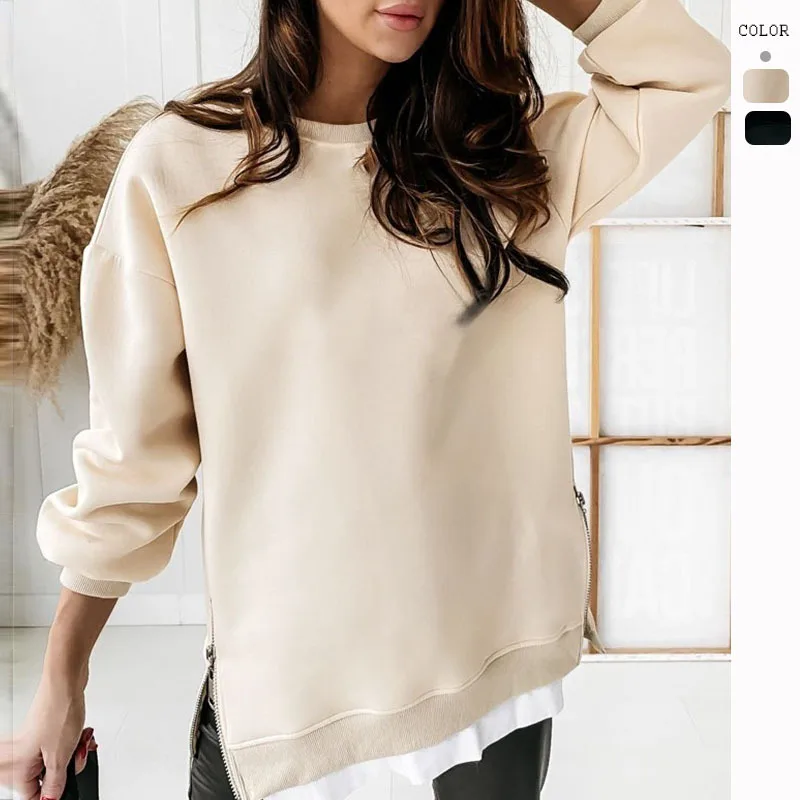 

2023 Europe and the United States autumn and winter new women's hoodie round neck zipper loose shirt