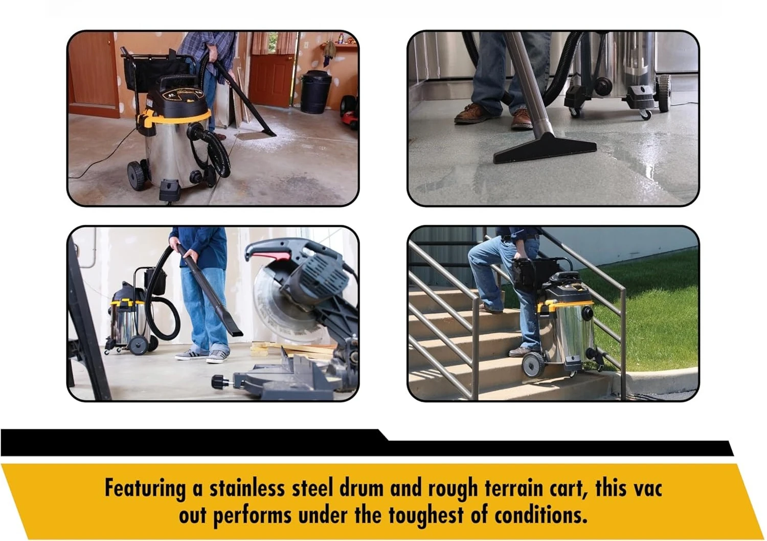 ZZC-16-Gallon 6.5 Peak HP مكنسة كهربائية رطبة وجافة من الفولاذ المقاوم للصدأ مع فلتر، كيس غبار، خرطوم، مرفقات وعربة ثقيلة #3