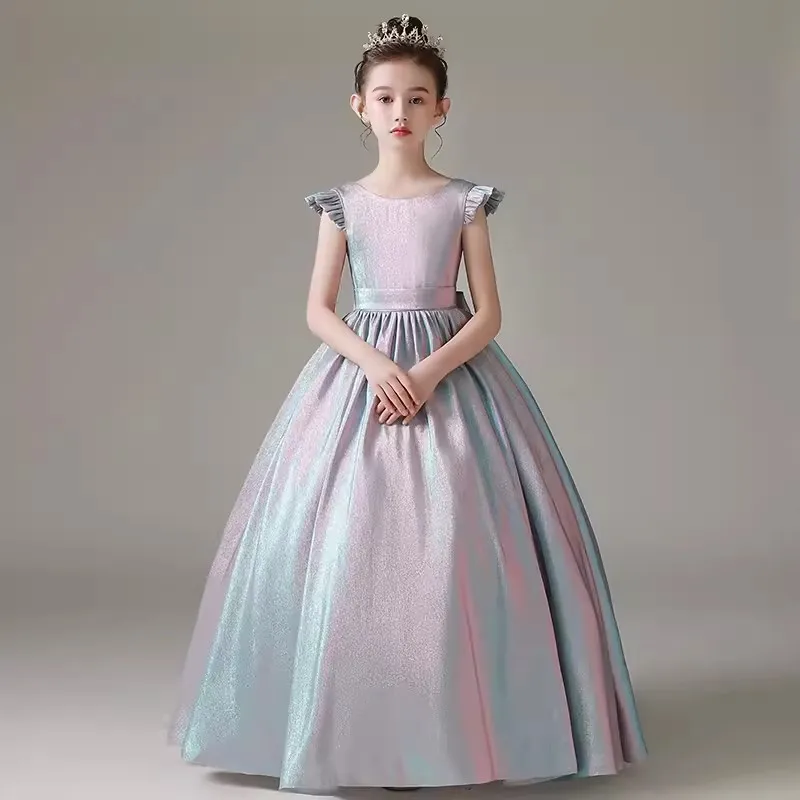 Gradual Color Formal Dress for Girls Ruffle Sleeve Princess Party Ball Gown Little Girls Graduation Dress Big Elegant Bow Back