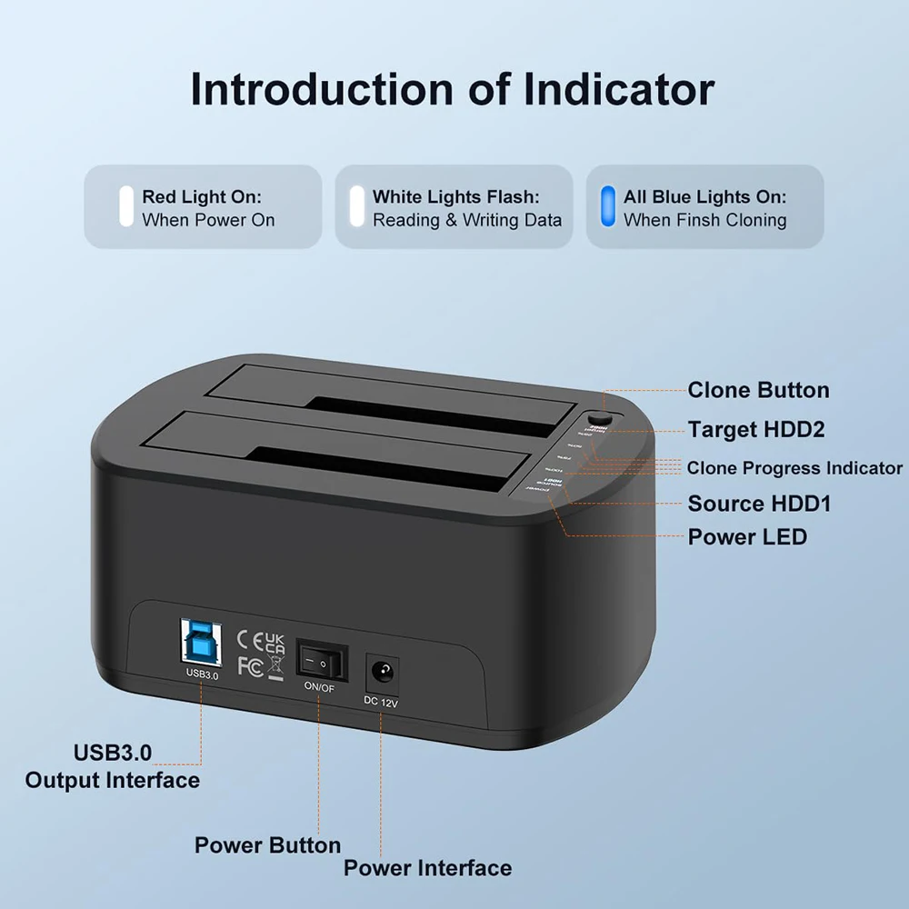 MAIWO Dual-Bay-Festplatten-Dockingstation für 2,5/3,5 Zoll HDD SSD SATA auf USB 3.0 HDD-Dockingstation mit 12V3A-Netzteil – Detail 6