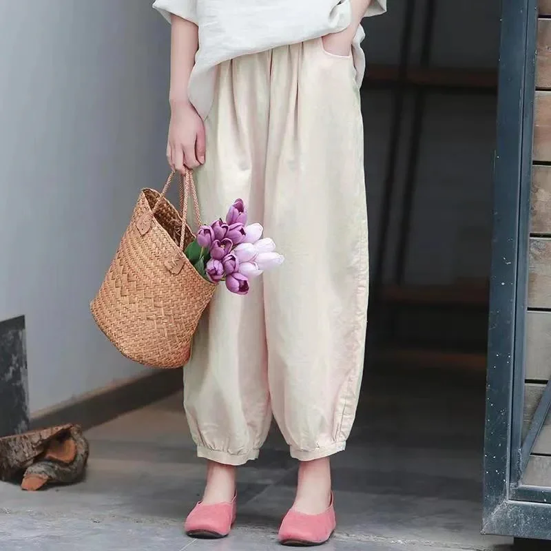 

Spring Summer Female Thin Loose Pants Lady High Waist Cotton Linen Casual Trousers 2025 Women Solid Color Nine Points Pantalons
