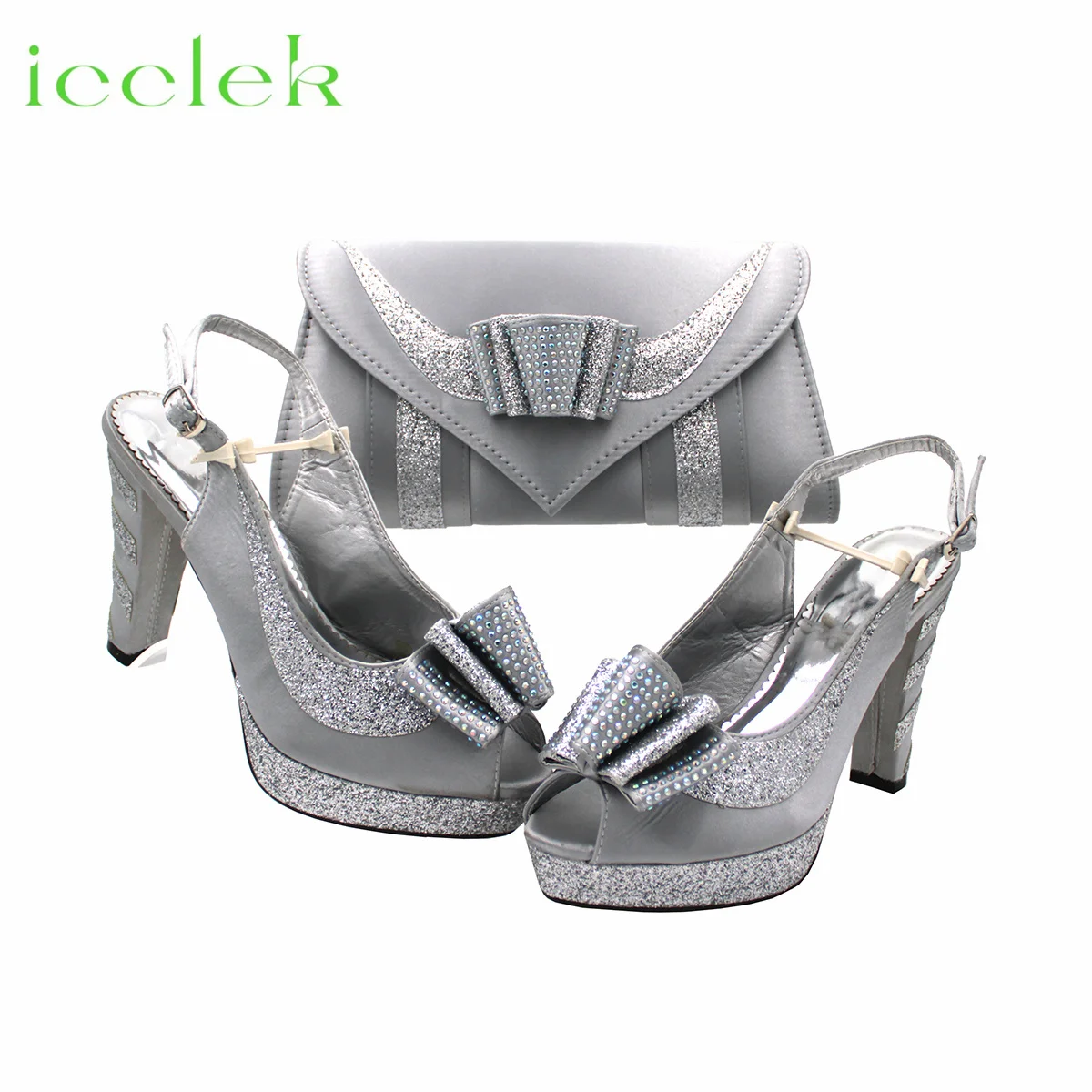 2024 Silver African Women\'s Bridal Wedding Platform Comfort High Heel Sandals Lady Pump Matching Shoes and Bag Set for Party