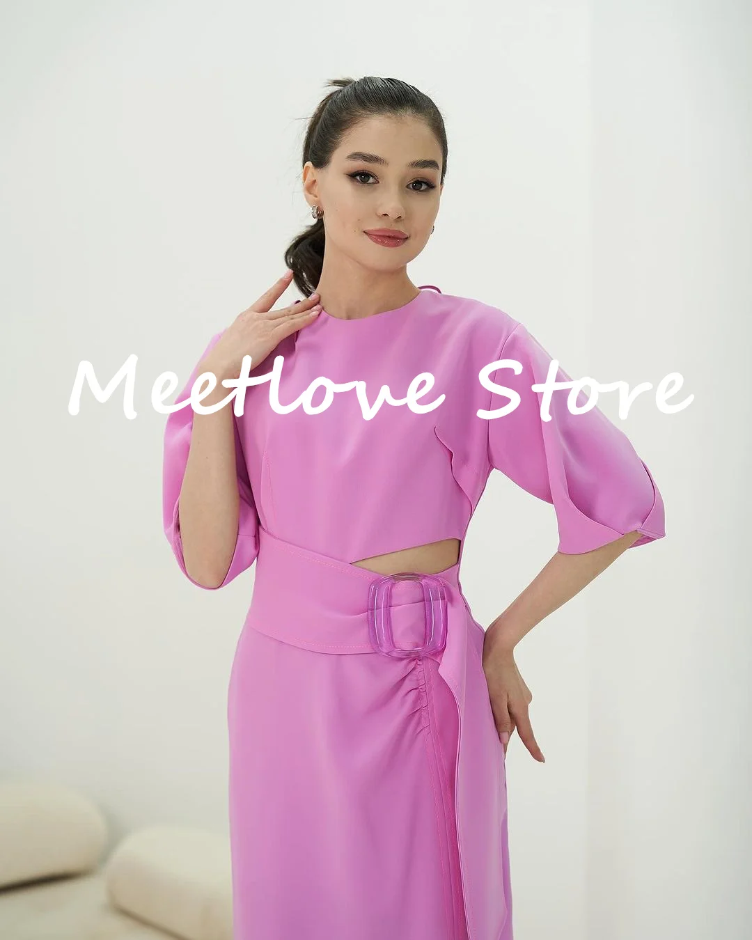 

Meetlove Customized Elegant Women 2024 Scoop Neckline Sleeves Evening dress Zipper up Dubai Luxury Evening Dress 2024