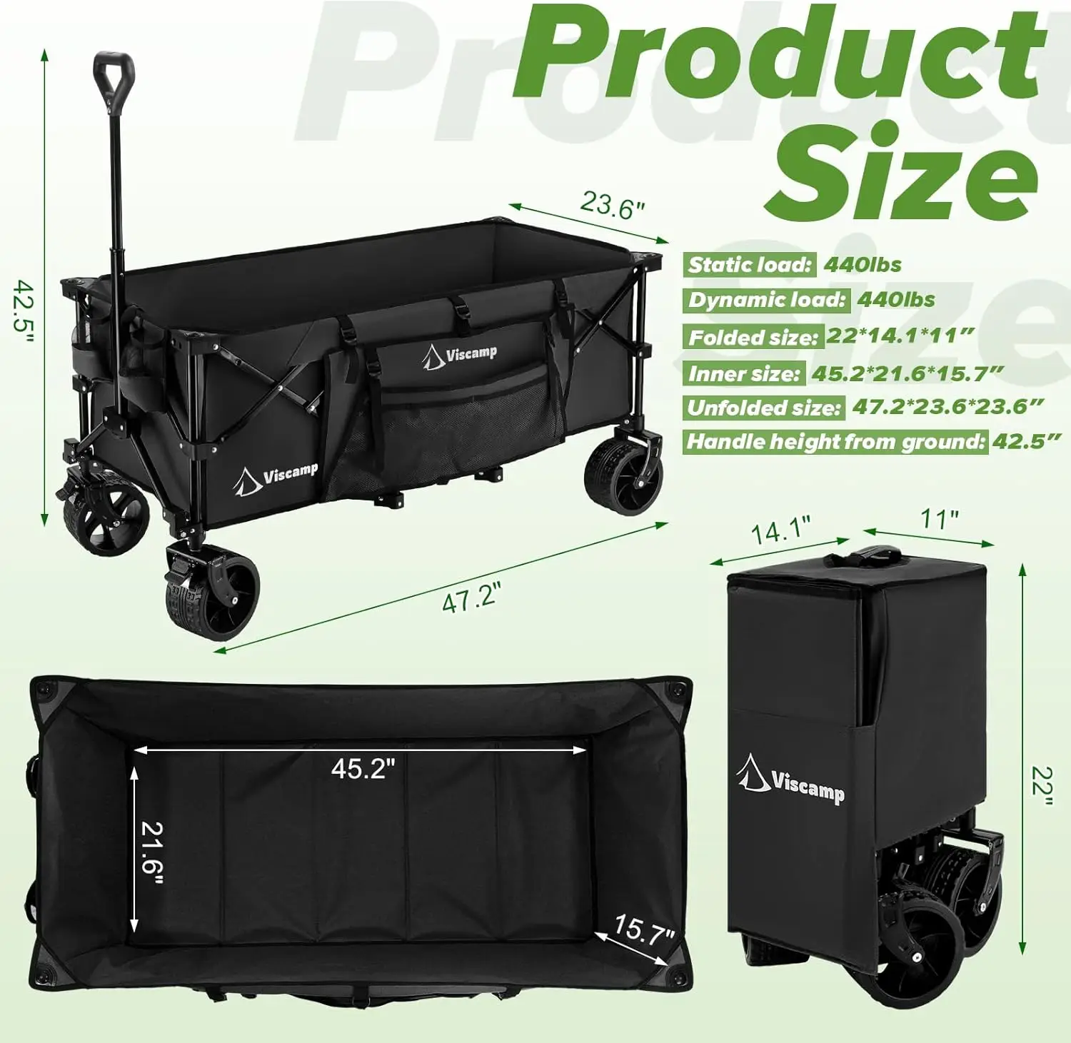 48''L  Carts Foldable, Beach Wagon 440Lbs Collapsible Wagon Black Heavy Duty  Camping Wagon