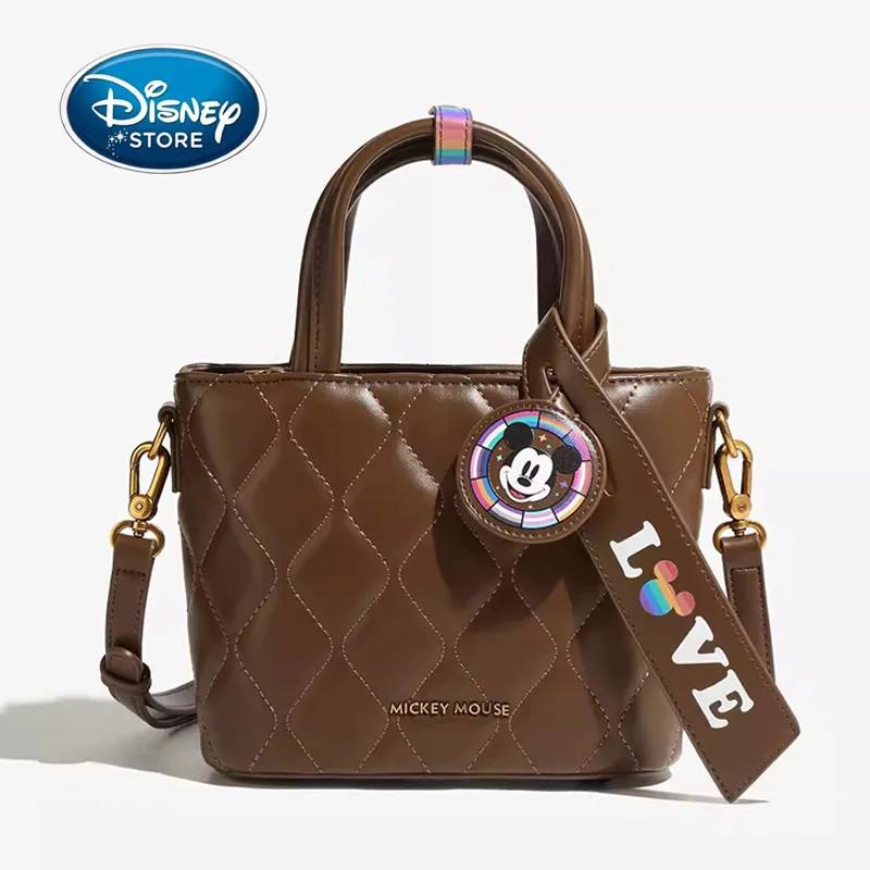 Disney asli 2024 tas selempang bahu tunggal wanita, tas tangan wanita kotak-kotak berlian cokelat Mickey, tas selempang tunggal multifungsi