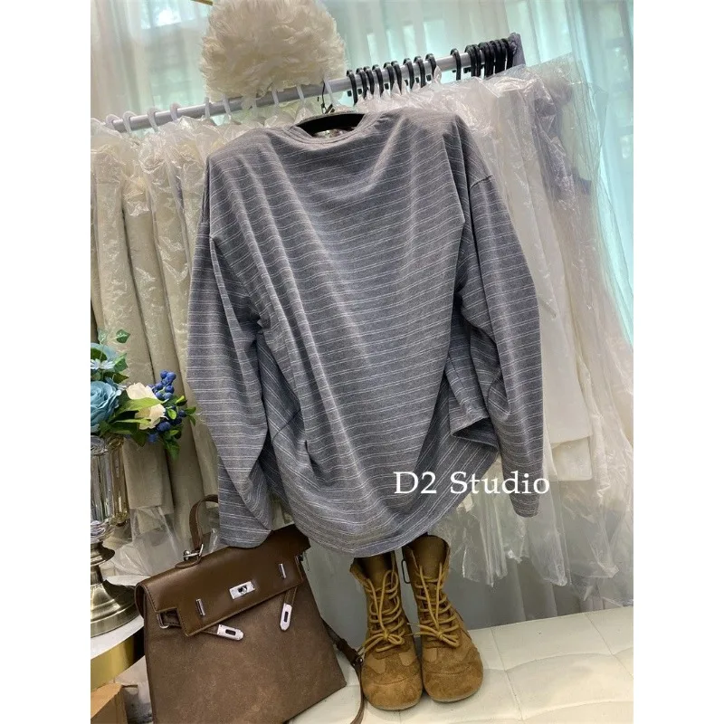 Herfst Nieuwe Koreaanse Stijl Modieuze Retro Gestreepte T-shirt Met Lange Mouwen Voor Vrouwen Losse En Veelzijdige Luie Halflange Dunne top