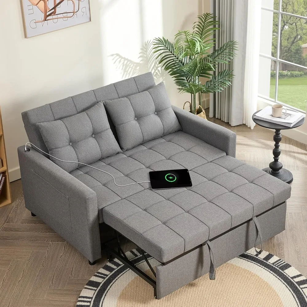 

52 Sleeper Sofa, with Pull-Out Bed, 3-in-1 Convertible Sofa Bed, Loveseat with Steples Adjustable Backrest and Side Pocket
