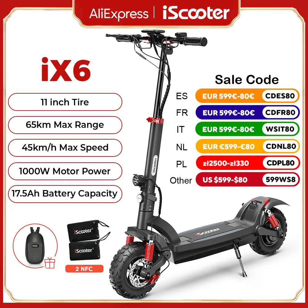 iScooter iX6 1000W Powerful Motor Electric Scooter 17.5Ah 45km/h Anti-skid Electric Kick Scooter 11 inch Off Road Scooters Adult