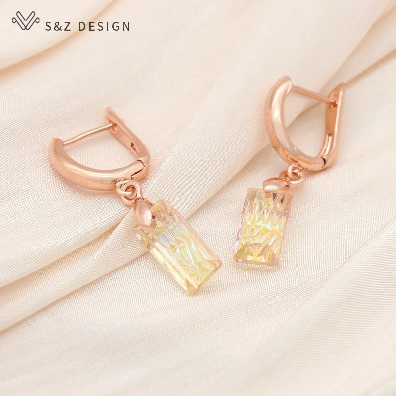 S & Z DESIGN New Elegant 585 orecchini pendenti in cristallo quadrato Color oro rosa per le donne Girl Wedding Party Fashion Fine Jewelry