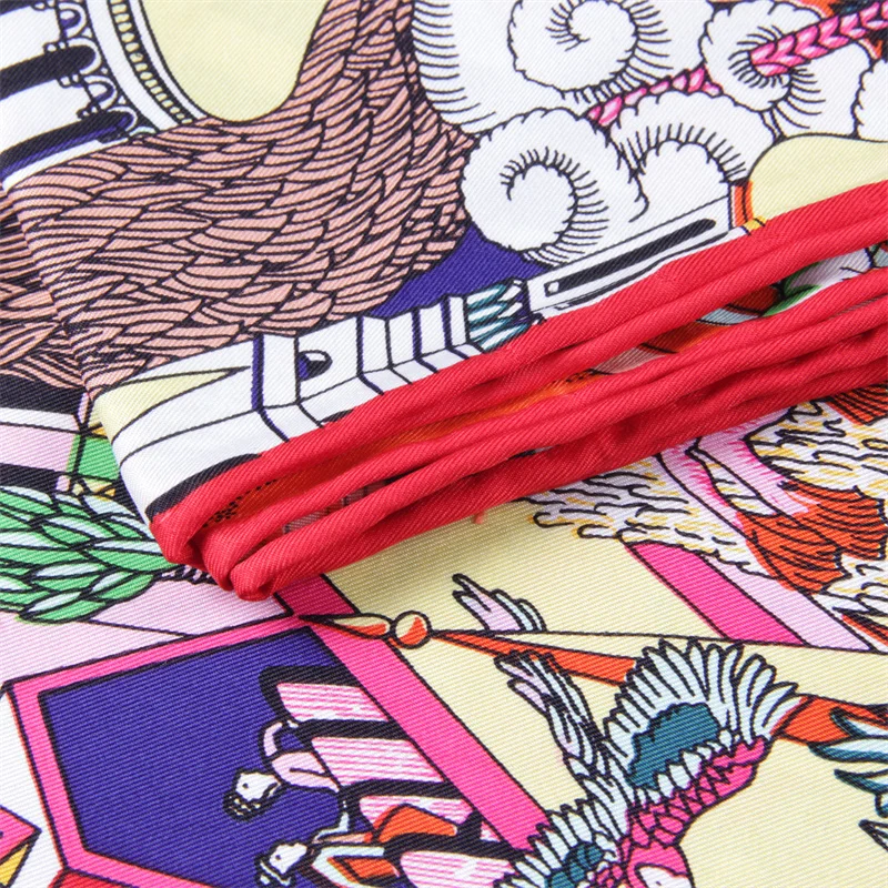 POBING Twill Silk Scarf Women Animals Kingdom Square Scarves Manual Hand Rolled Echarpes Foulards Femme Wrap Bandana Hijab 90CM