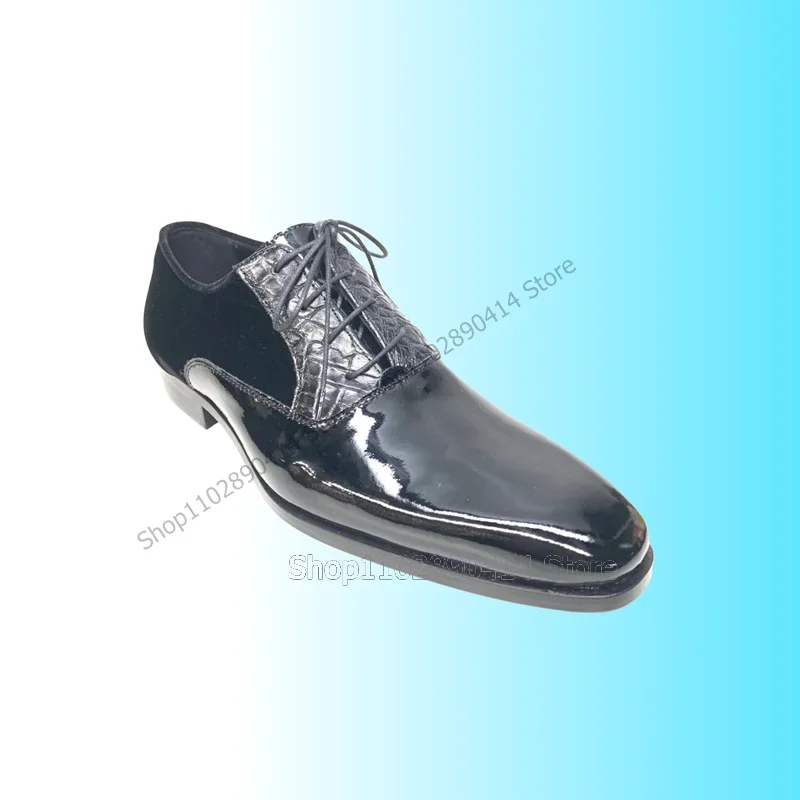 

Gray Patchwork Patent Leather Square Toe Men Shoes Fashion Lace Up Male Shoes Luxurious Handmade Party Wedding Men Dress Shoes