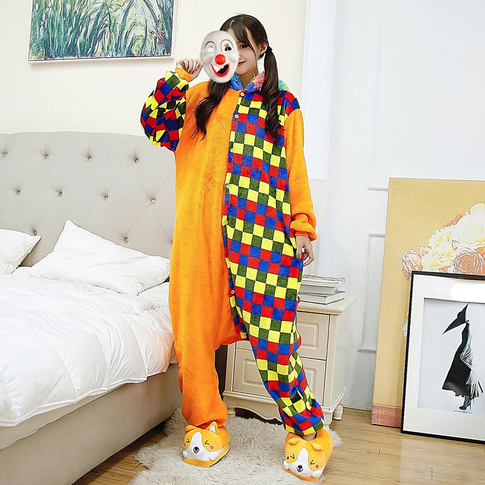 Colorful Lattice Spoof Clown Cartoon Onesies Lady One-Piece Pajamas Jumpsuit Sleepwear Nightgown Warm Flannel Home Pajama