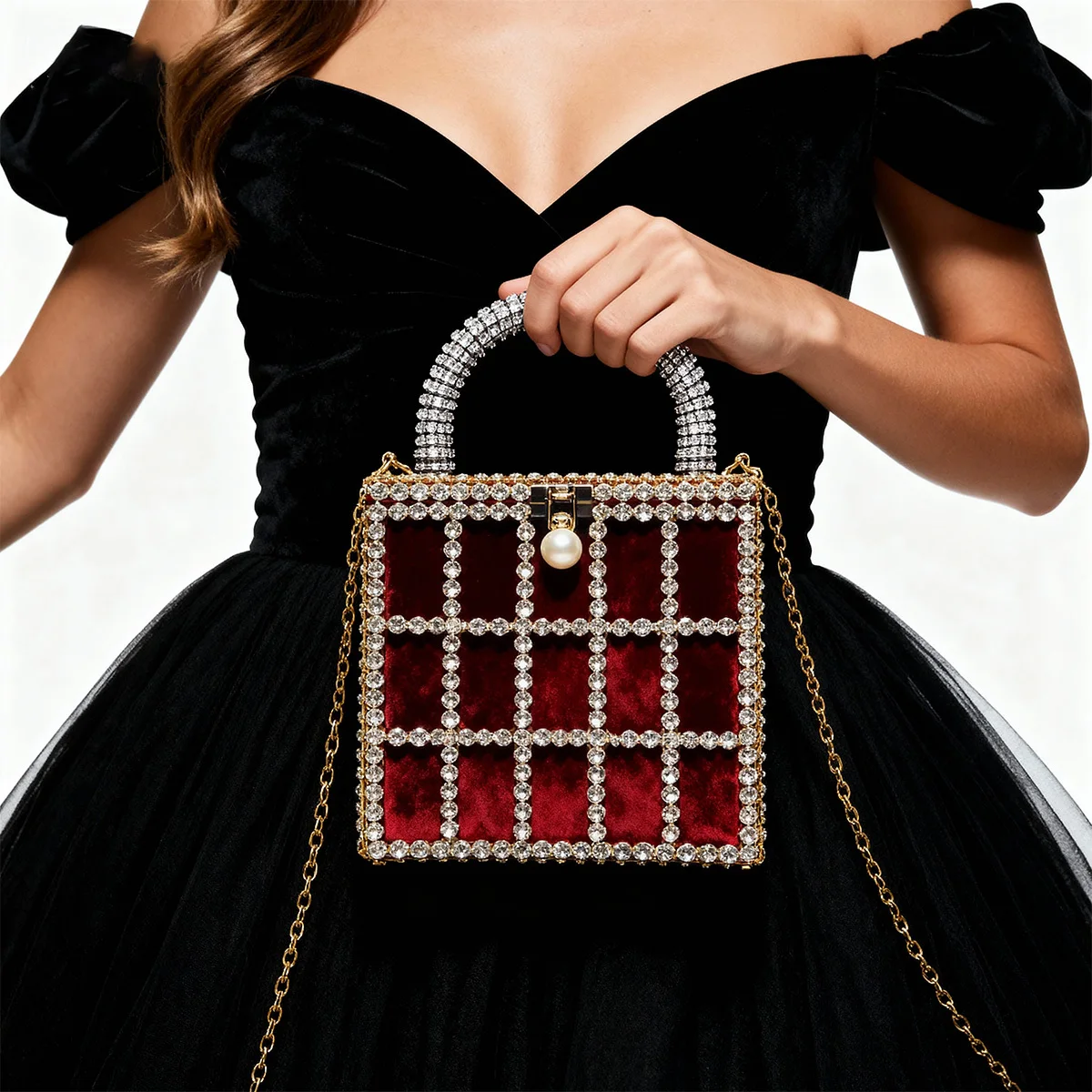 

JIOMAY 2025 New Red Metal Frame Evening Bag Hollow-Out Design Sparkling Luxury Rhinestone Handbag Velvet Lining Wallet Party Bag