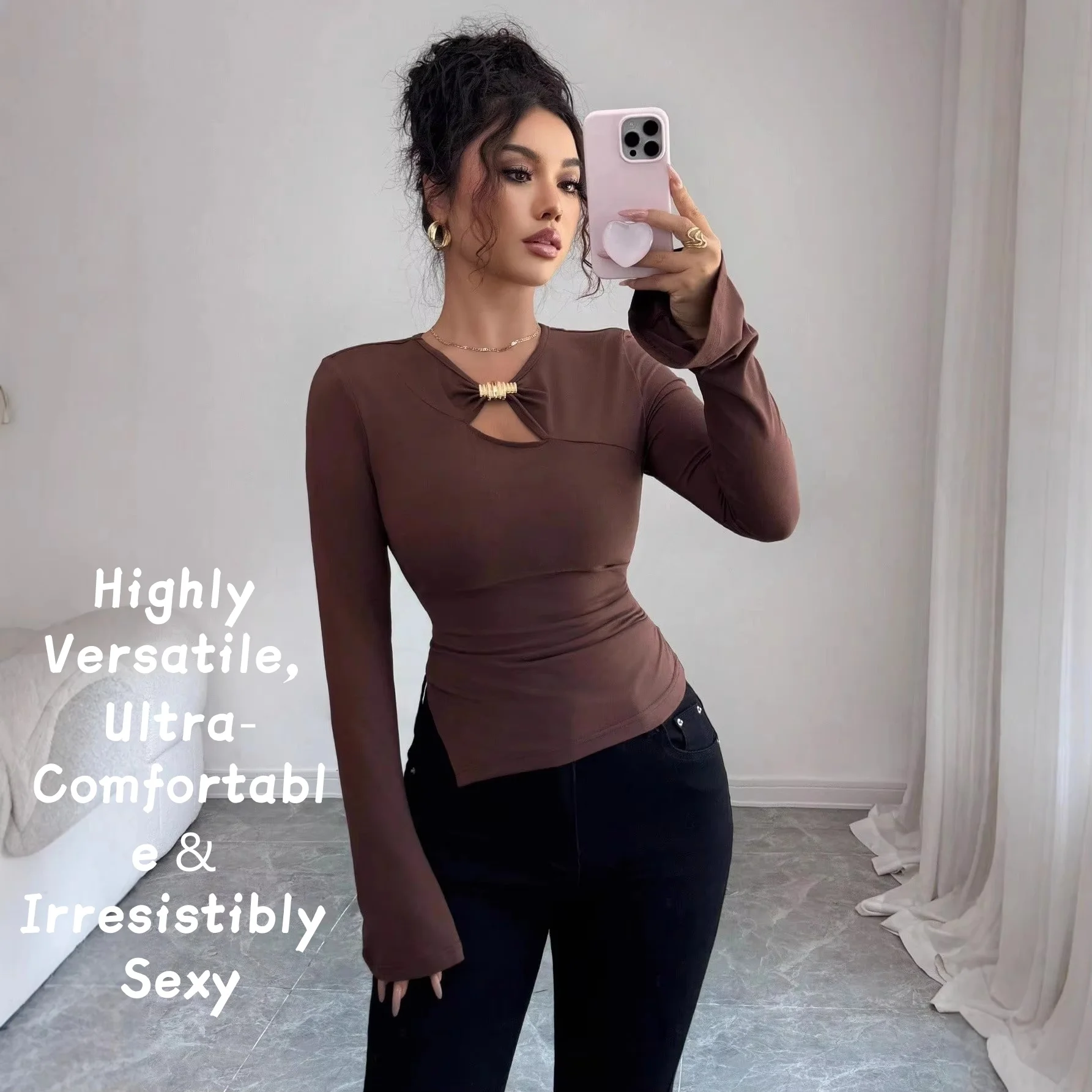 

Autumn and winter inner asymmetrical hollow metal decoration slim fit daily outer top