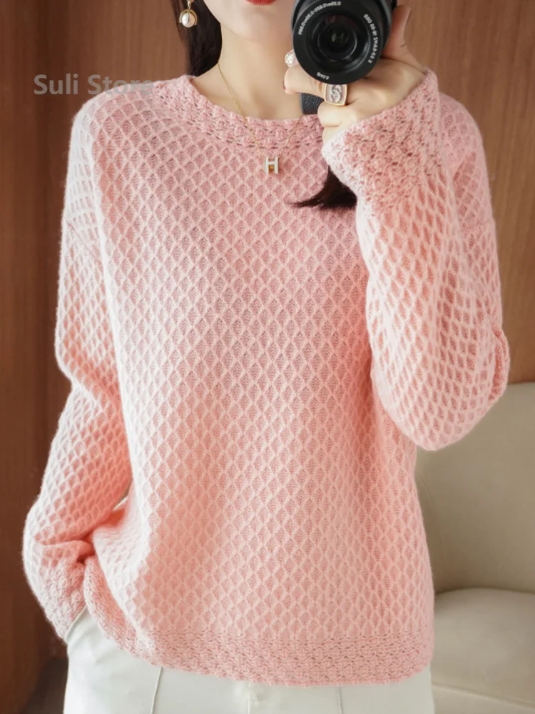 Autumn and Winter New Lace Heavy-Duty Cashmere Sweater Women's Loose round Neck Crocheted Knitted Sweater Loose Bottoming Shirt