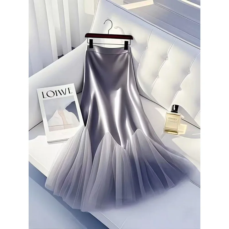 تنورة حورية البحر باللون الرمادي الرمادي التخسيس: شبكة غير متماثلة برباط وساتان لأحداث وحفلات الزفاف وحفلات الكوكتيل #4