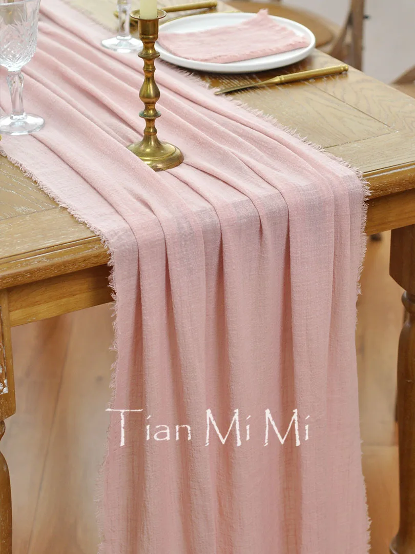 Pure Cotton Table Runner Dust Pink Rustic Gauze Cloth Dining Retro Burr Texture Vintage Wedding Party Linen Christmas Decoration